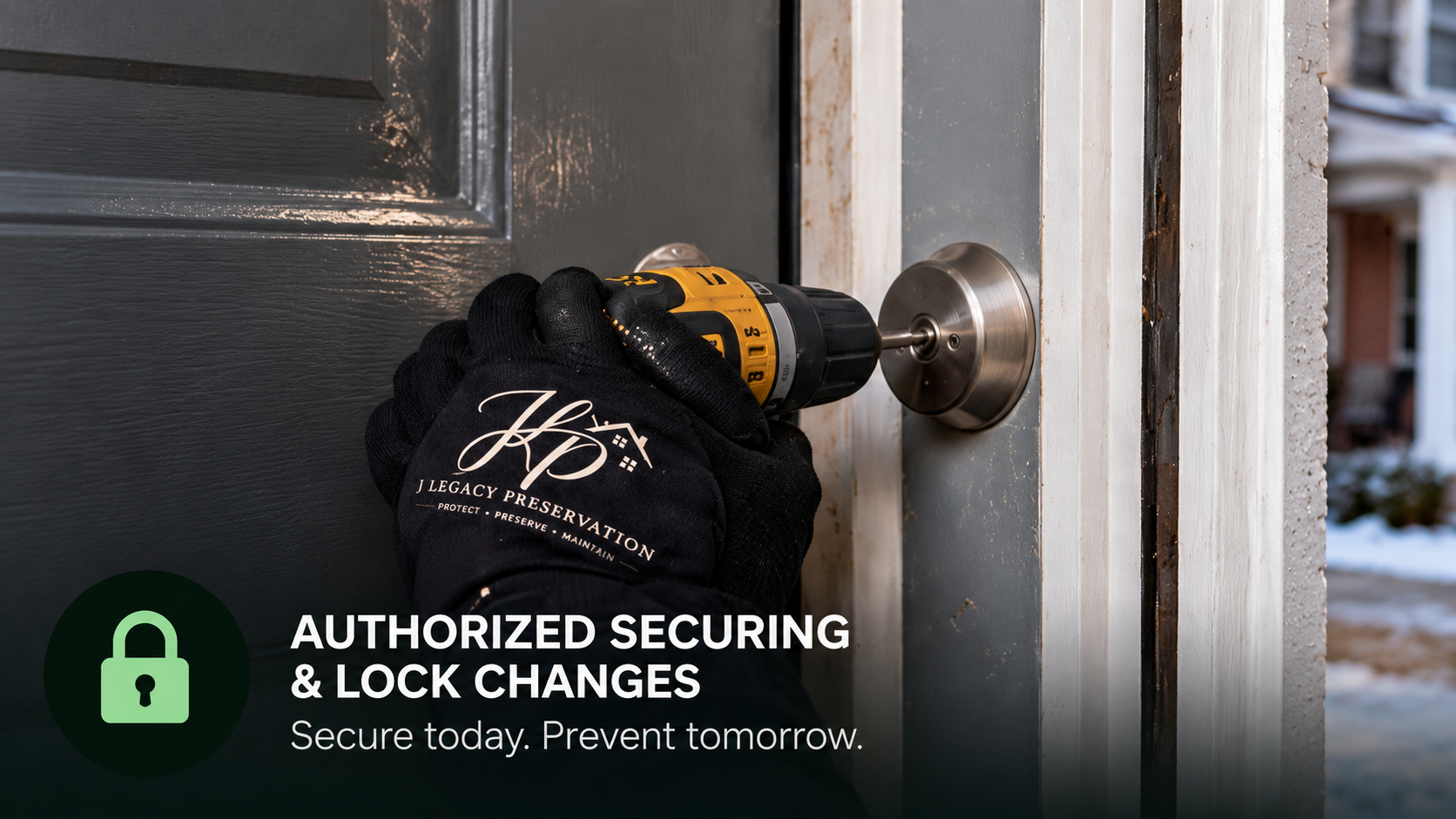 Gloved J Legacy Preservation technician installing a deadbolt on an exterior door, with the caption “Authorized Securing & Lock Changes — secure today, prevent tomorrow.”