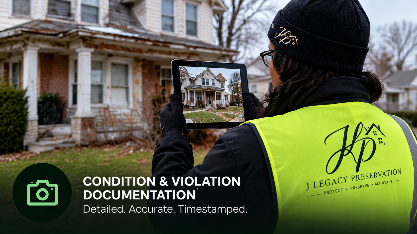 J Legacy Preservation field representative in a high-visibility vest photographing a distressed property on a tablet, with the caption “Condition & Violation Documentation — detailed, accurate, timestamped.”